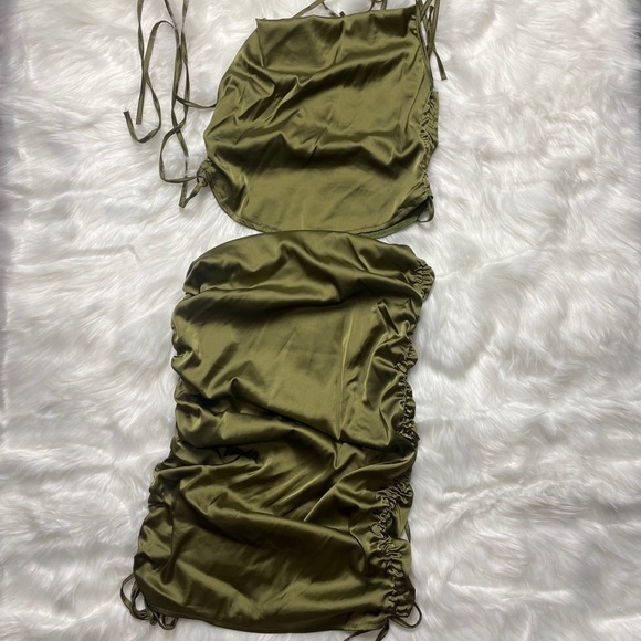 ✨ Olive Green Satin Ruched Drape Neck Side Drawstring Two Piece Cami Top & Skirt - Picture 2 of 4